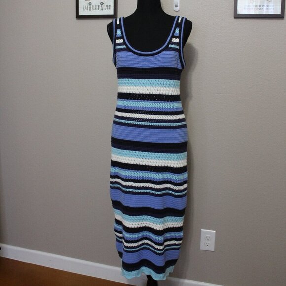 Haute Hippie Womens Blue Striped Crochet Knit Midi Tank Dress Size Large - Picture 1 of 8